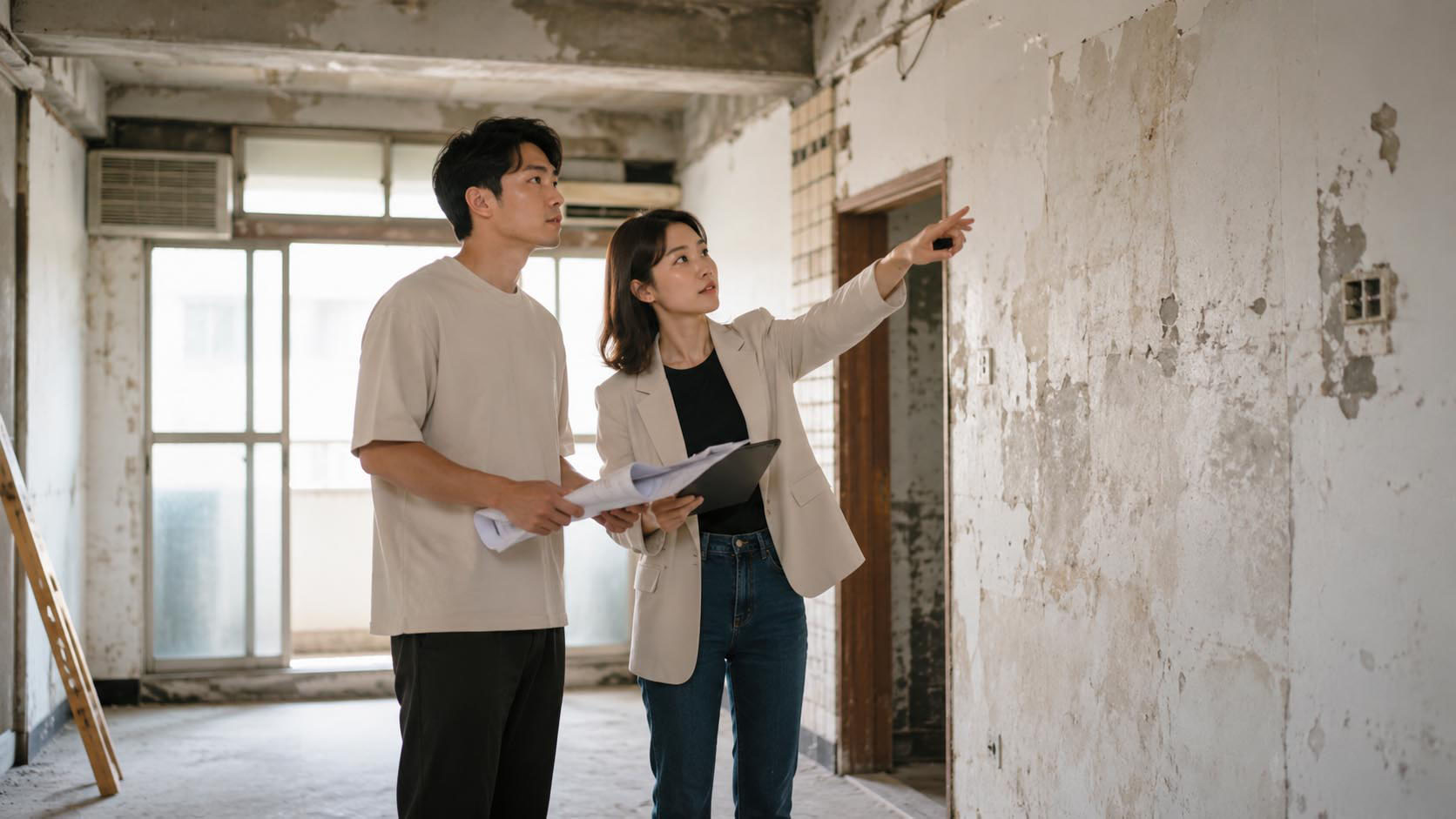 桃園室內設計師與屋主一同檢視老屋現況